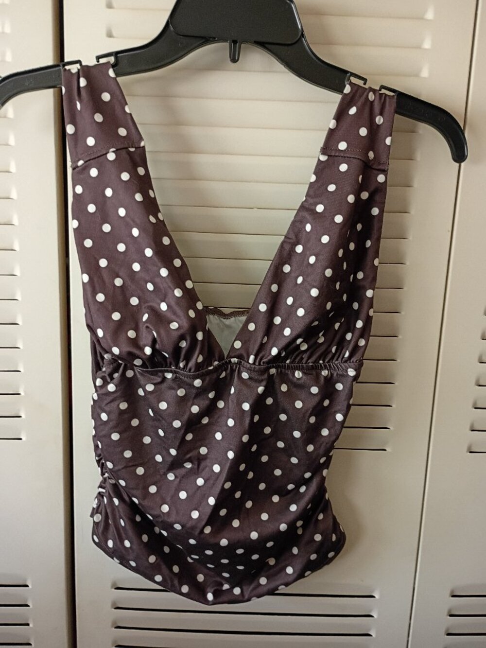 SHEIN Brown White Polka Dot Side Ruched Deep V Neck Top Blouse S XS